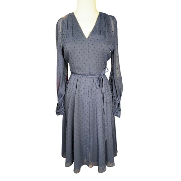 Gal Meets Glam Size 4 Navy Swiss Dot Belted Midi Sheer Elegant Old Money Classic - Picture 1 of 11